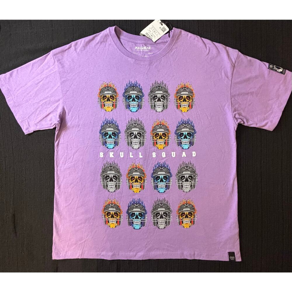 PULL&BEAR Men’s L Skull Squad Designer Streetwear 100% cotton T-Shirt Purple